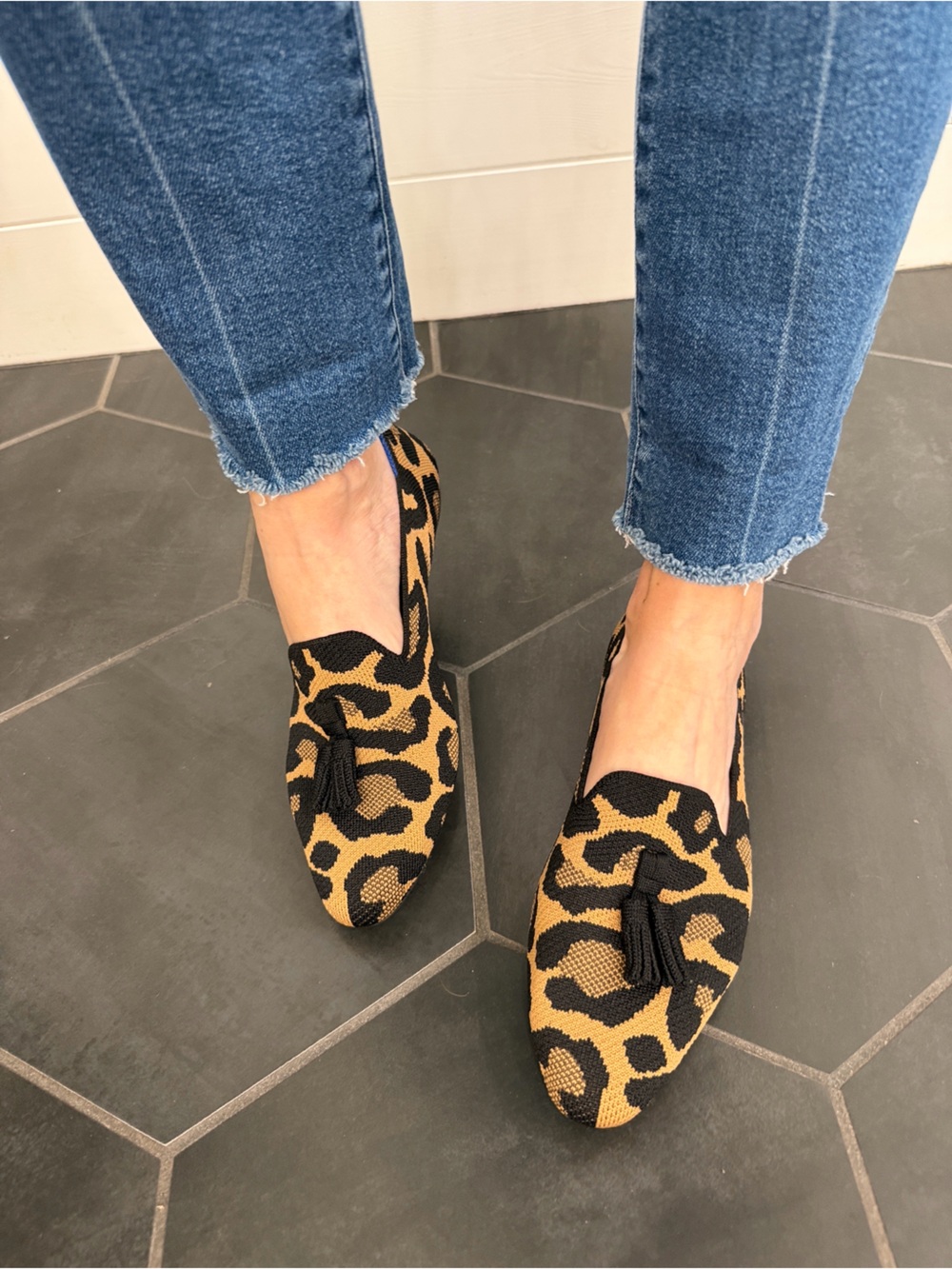 Rothy's Leopard Knit Tassel Loafers - Black & Tan